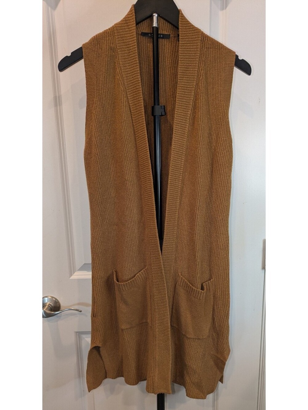 Cyrus Caramel Brown Longline Sweater Vest Duster Pockets S